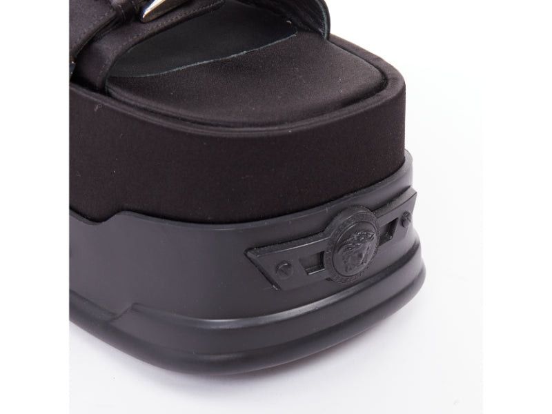 new VERSACE Anthem 120 Black satin silk silver Medusa buckle platform chunky sandals EU38