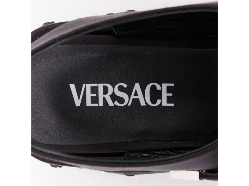 new VERSACE Anthem 120 Black satin silk silver Medusa buckle platform chunky sandals EU38