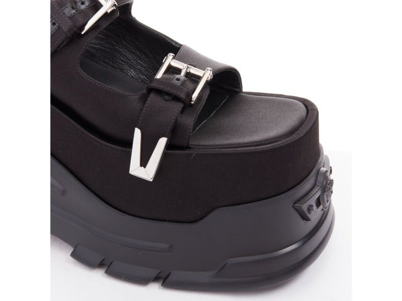 new VERSACE Anthem 120 Black satin silk silver Medusa buckle platform chunky sandals EU38