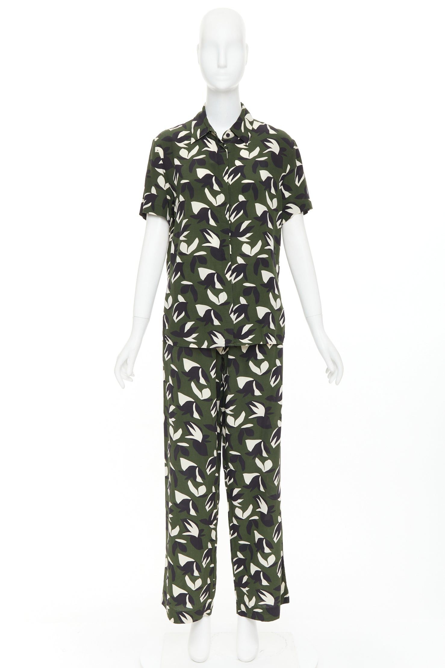 Matteau MATTEAU 100% silk green black geometric print shirt pant set UK6 XS Size 27" / US 4 / IT 40 - 11 Thumbnail