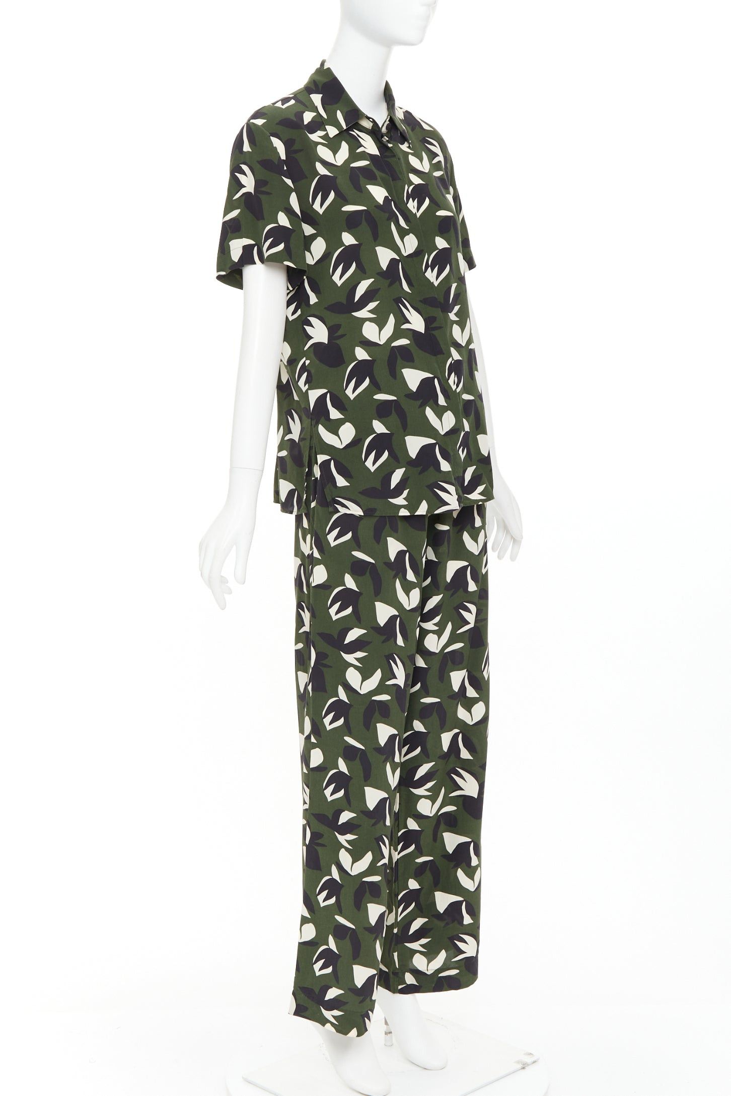 Matteau MATTEAU 100% silk green black geometric print shirt pant set UK6 XS Size 27" / US 4 / IT 40 - 3 Thumbnail