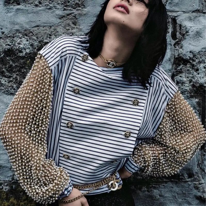 Chanel Chanel Gold Striped Cotton Women's Shirt 0089 Size L / US 10 / IT 46 - 3 Thumbnail