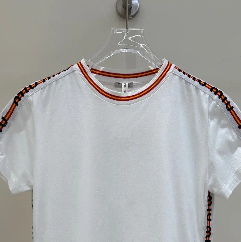 Miu Miu Miu Miu White Cotton Printed Striped T-Shirt 0089 Size M / US 6-8 / IT 42-44 - 2 Thumbnail
