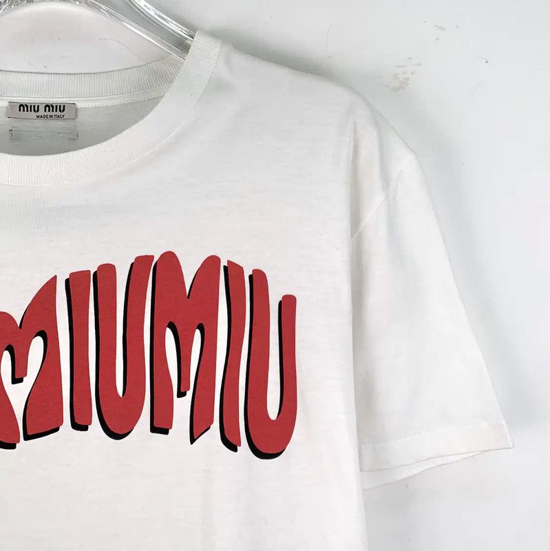 Miu Miu Miu Miu White Cotton T-Shirt with Red Logo 0089 Size L / US 10 / IT 46 - 3 Thumbnail