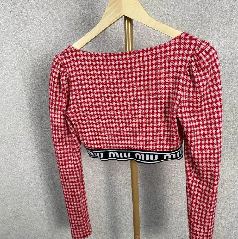 Miu Miu Miu Miu Red Houndstooth Long Sleeve Top 0089 Size M / US 6-8 / IT 42-44 - 2 Thumbnail