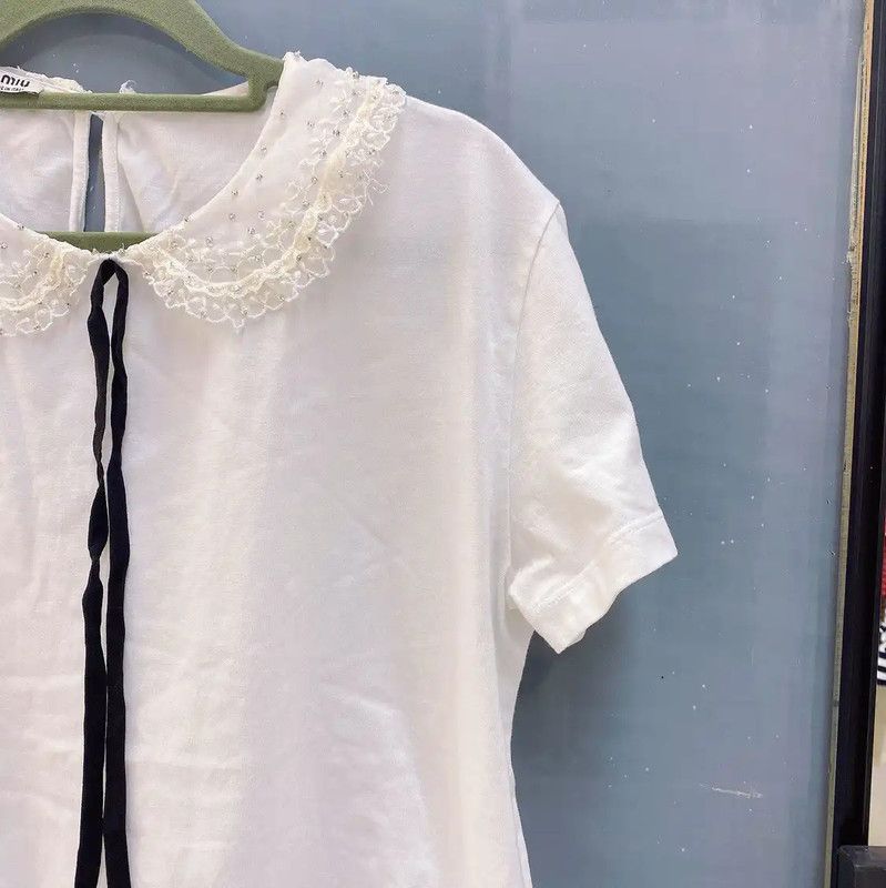 Miu Miu Miu Miu White Cotton T-Shirt with Lace Collar 0089 Size L / US 10 / IT 46 - 3 Thumbnail