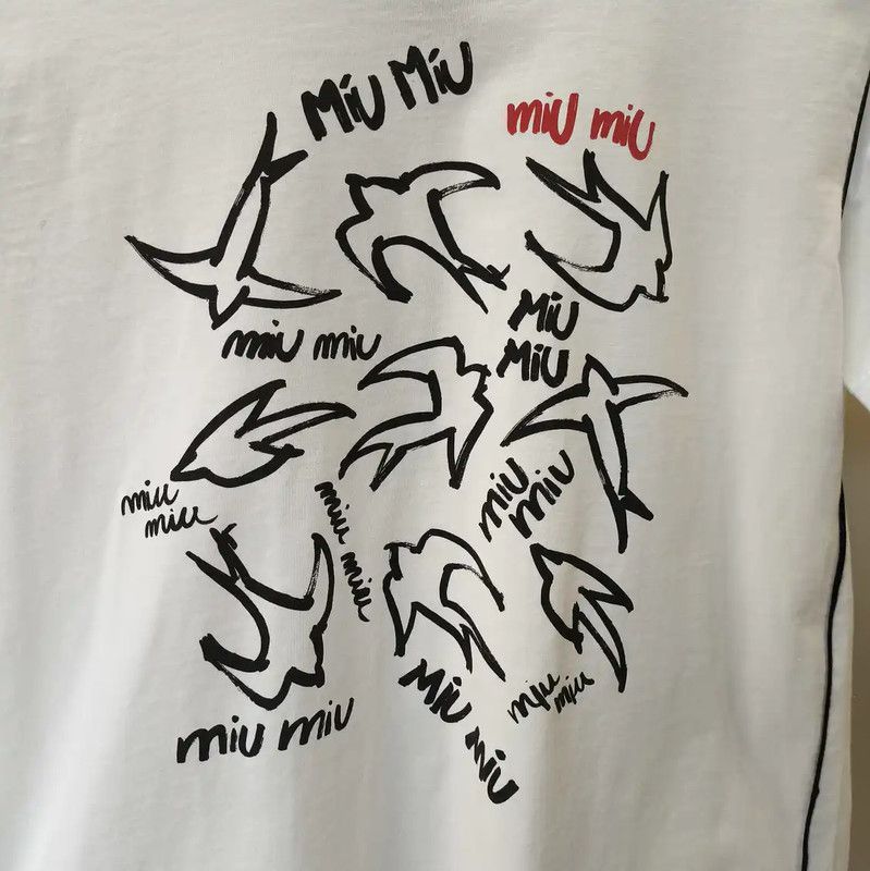 Miu Miu Miu Miu White Cotton T-Shirt with Graphic Print 0089 Size L / US 10 / IT 46 - 4 Thumbnail