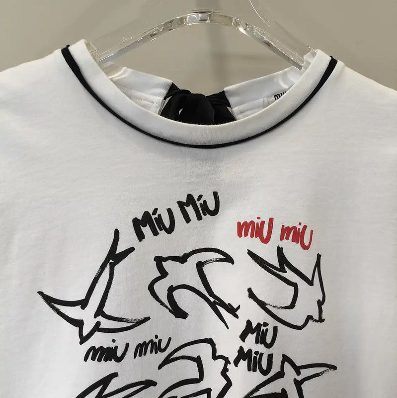 Miu Miu Miu Miu White Cotton T-Shirt with Graphic Print 0089 Size L / US 10 / IT 46 - 3 Thumbnail