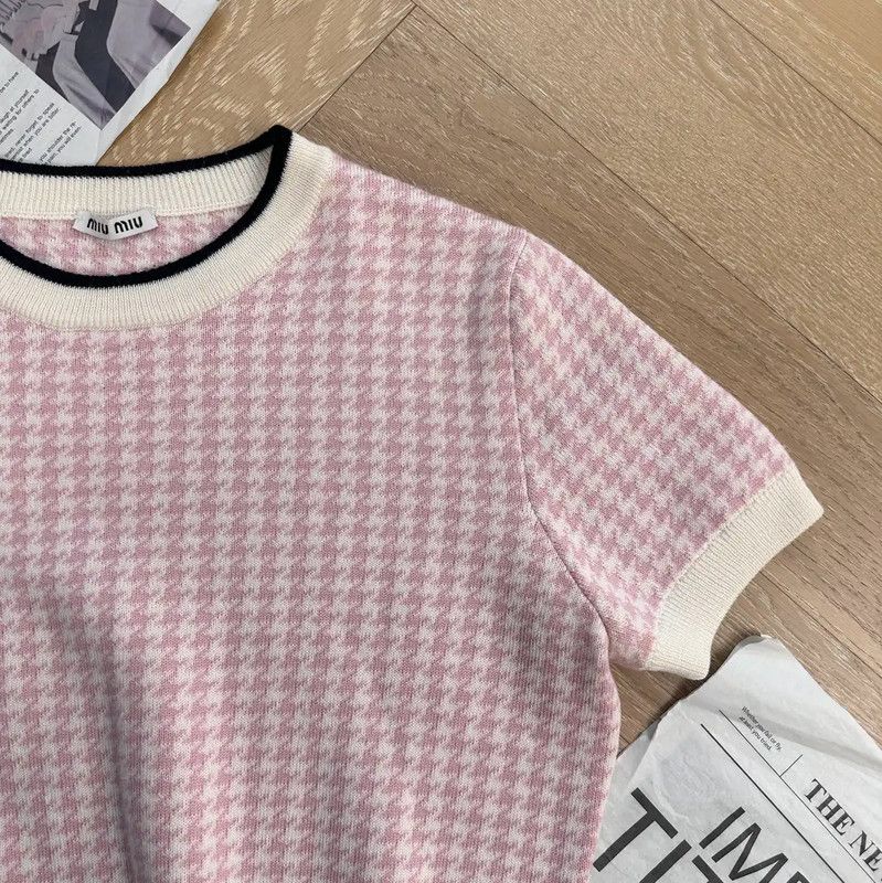 Miu Miu Miu Miu Pink Houndstooth Wool T-Shirt 0089 Size S / US 4 / IT 40 - 5 Thumbnail