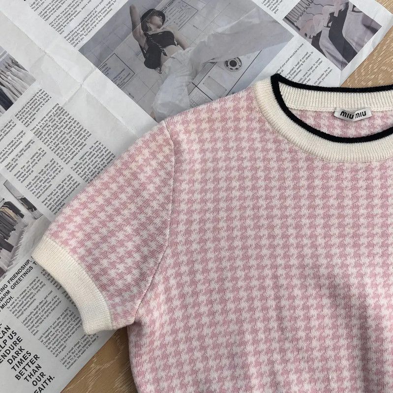 Miu Miu Miu Miu Pink Houndstooth Wool T-Shirt 0089 Size S / US 4 / IT 40 - 6 Thumbnail