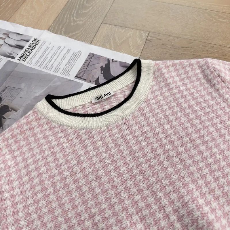 Miu Miu Miu Miu Pink Houndstooth Wool T-Shirt 0089 Size S / US 4 / IT 40 - 7 Thumbnail