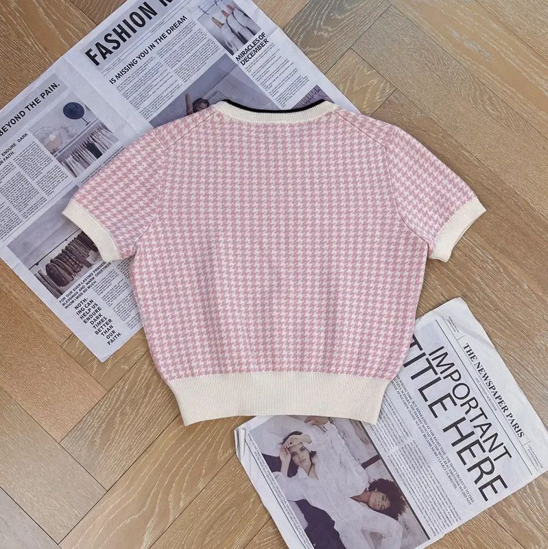 Miu Miu Miu Miu Pink Houndstooth Wool T-Shirt 0089 Size S / US 4 / IT 40 - 2 Thumbnail