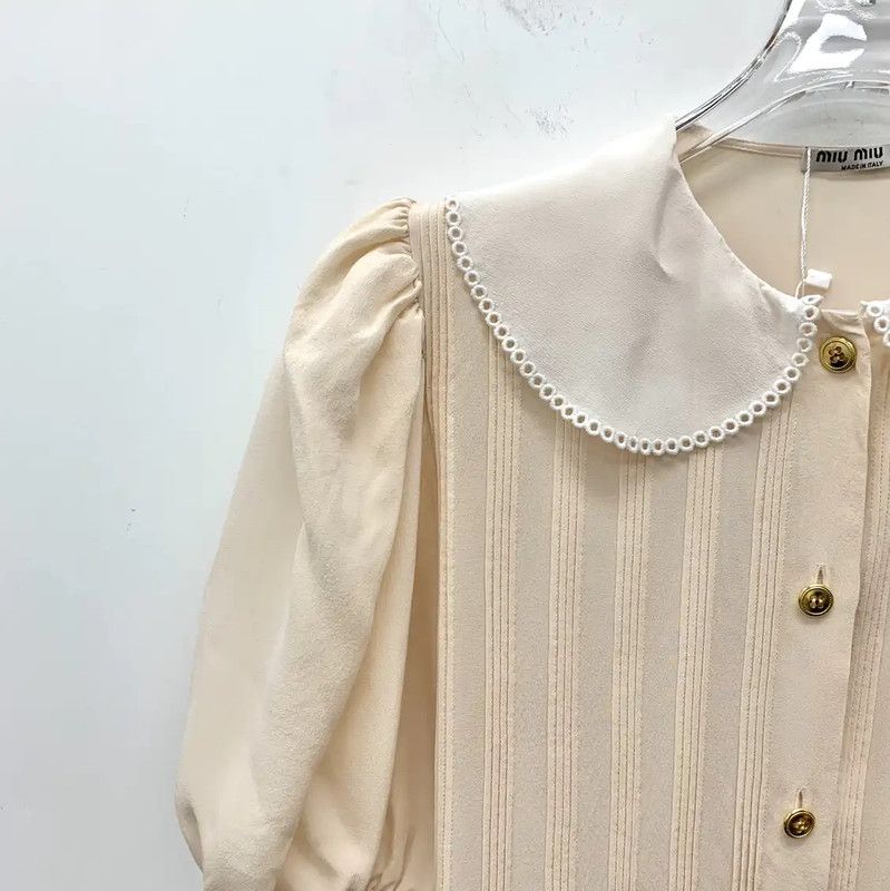 Miu Miu Miu Miu Beige Silk Blouse with Peter Pan Collar 0089 Size XS / US 0-2 / IT 36-38 - 3 Thumbnail