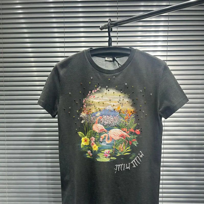 Miu Miu Miu Miu Gray Cotton Embroidered Short Sleeve Tee 0089 Size XS / US 0-2 / IT 36-38 - 5 Thumbnail