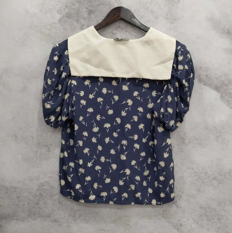Miu Miu Miu Miu Summer Navy Floral Silk Blouse 0089 Size L / US 10 / IT 46 - 2 Thumbnail