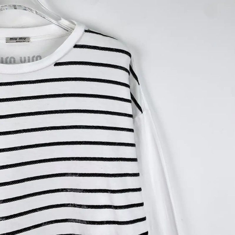 Miu Miu Miu Miu White Striped Cotton T-shirt 0089 Size S / US 4 / IT 40 - 3 Thumbnail