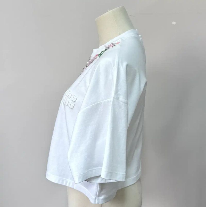 Miu Miu Miu Miu White Cotton Short Sleeve T-Shirt 0089 Size XS / US 0-2 / IT 36-38 - 3 Thumbnail
