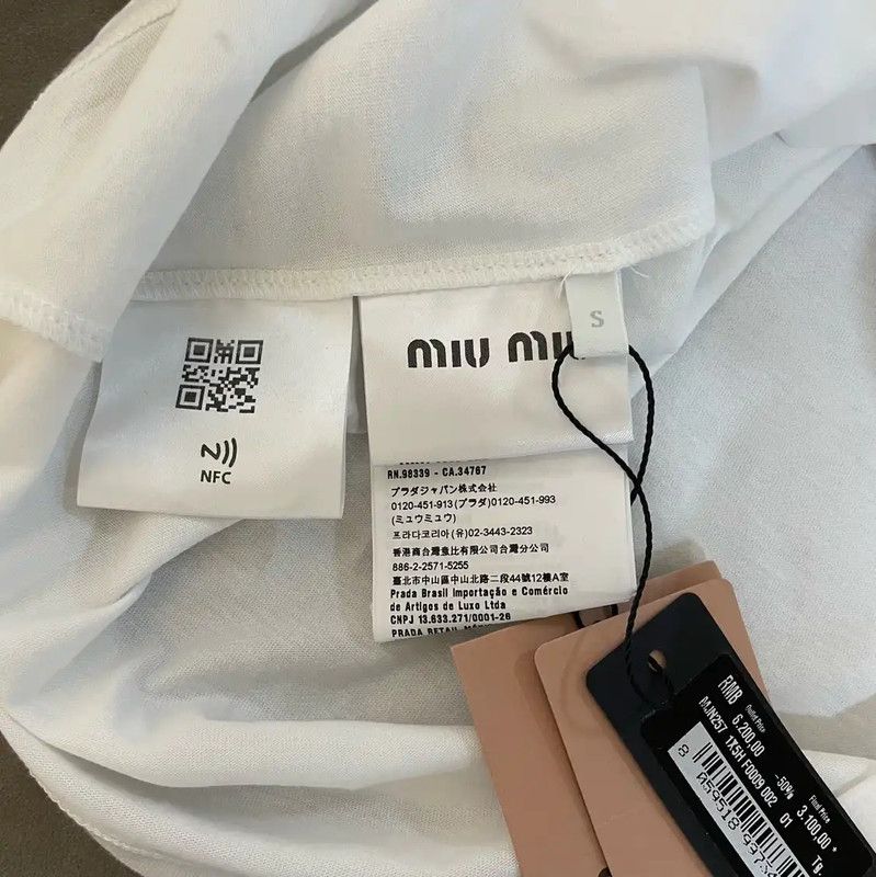 Miu Miu Miu Miu White Cotton T-Shirt with Gem Detail 0089 Size S / US 4 / IT 40 - 4 Thumbnail