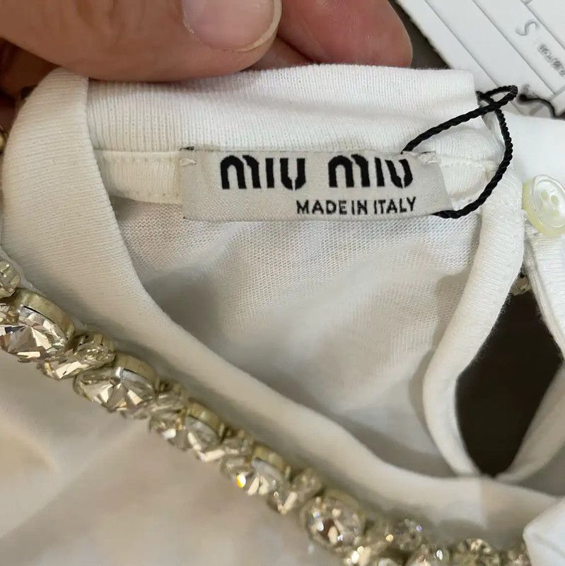 Miu Miu Miu Miu White Cotton T-Shirt with Gem Detail 0089 Size S / US 4 / IT 40 - 3 Thumbnail