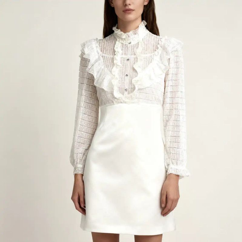 Miu Miu Miu Miu White Wool Dress with Ruffled Details 0089 Size M / US 6-8 / IT 42-44 - 3 Thumbnail