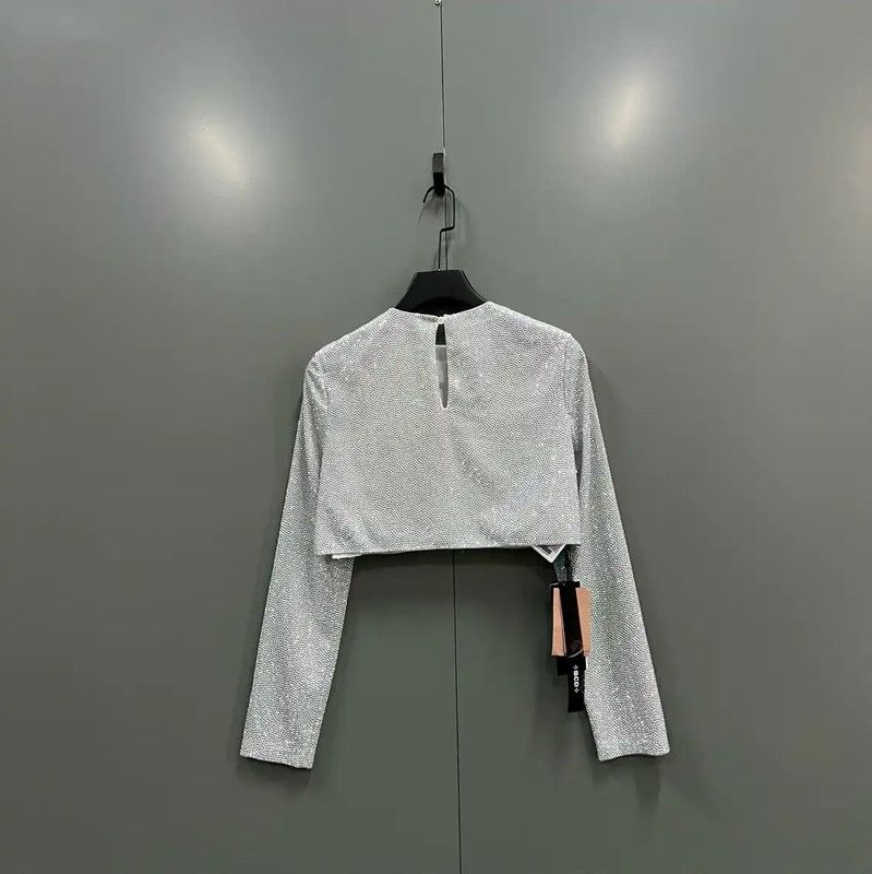 Miu Miu Miu Miu Gray Cotton Cropped Long Sleeve T-shirt 0089 Size ONE SIZE - 4 Thumbnail