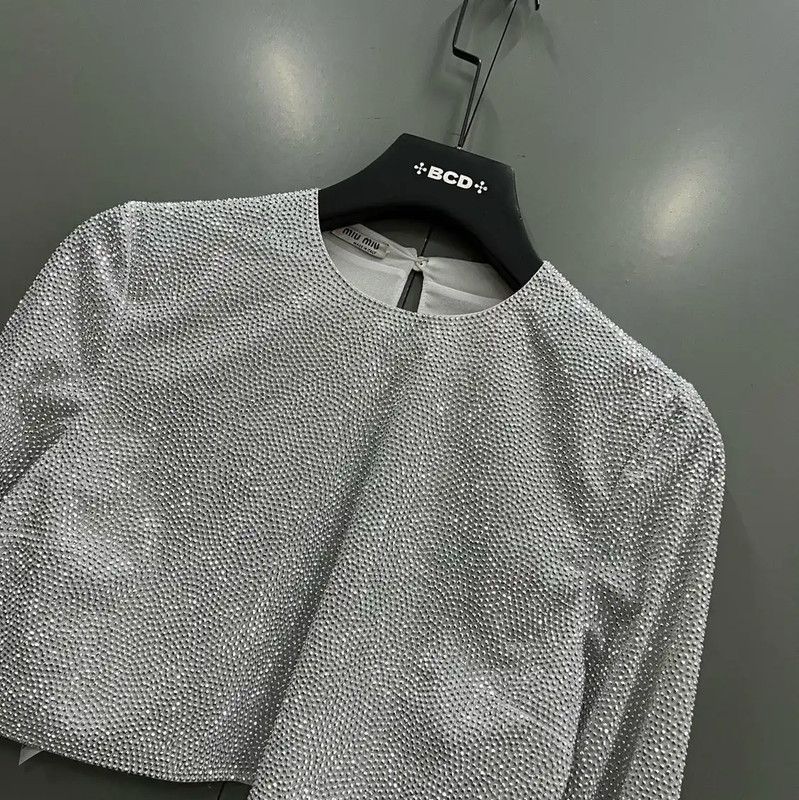 Miu Miu Miu Miu Gray Cotton Cropped Long Sleeve T-shirt 0089 Size ONE SIZE - 2 Thumbnail