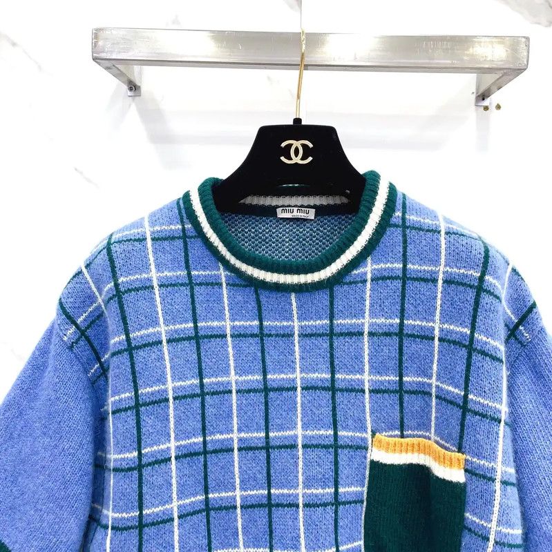 Miu Miu Miu Miu Blue Wool Check Short Sleeve T-Shirt 0089 Size L / US 10 / IT 46 - 3 Thumbnail