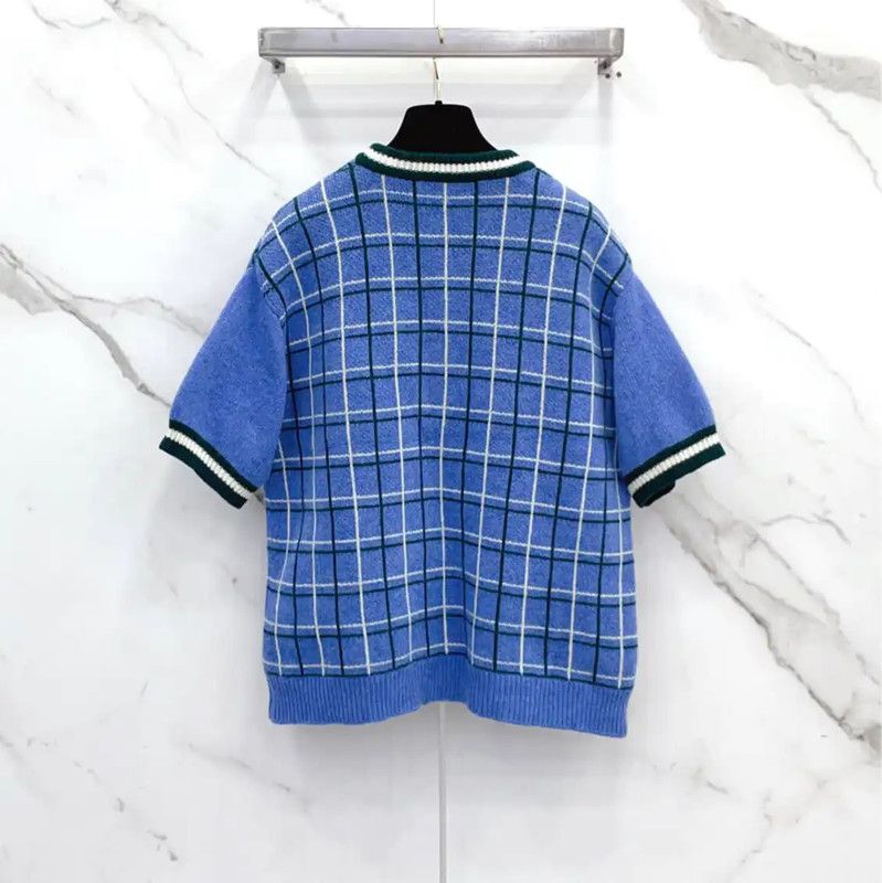 Miu Miu Miu Miu Blue Wool Check Short Sleeve T-Shirt 0089 Size L / US 10 / IT 46 - 2 Thumbnail