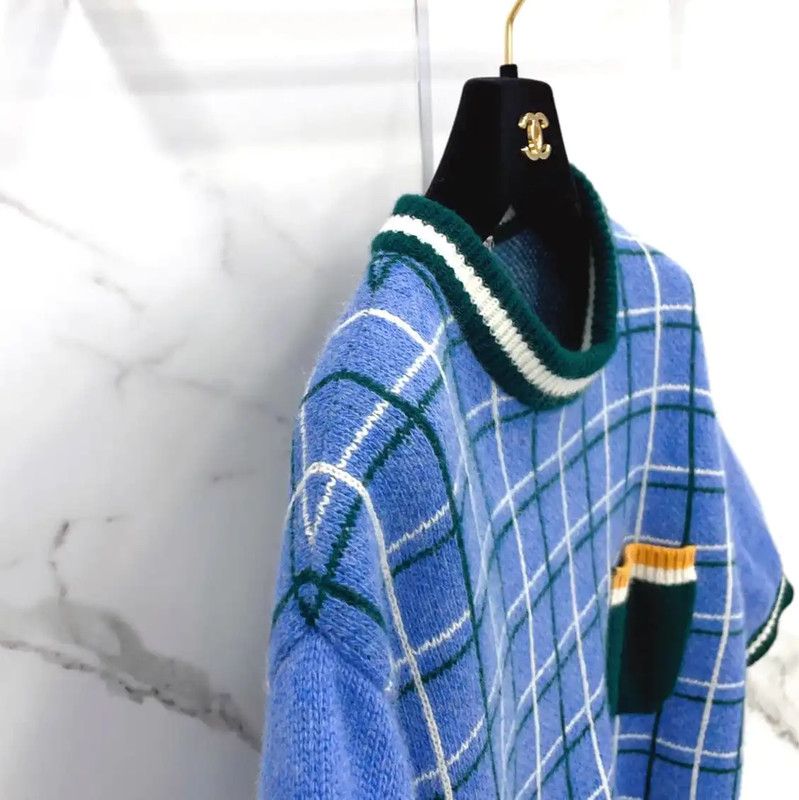 Miu Miu Miu Miu Blue Wool Check Short Sleeve T-Shirt 0089 Size L / US 10 / IT 46 - 7 Thumbnail