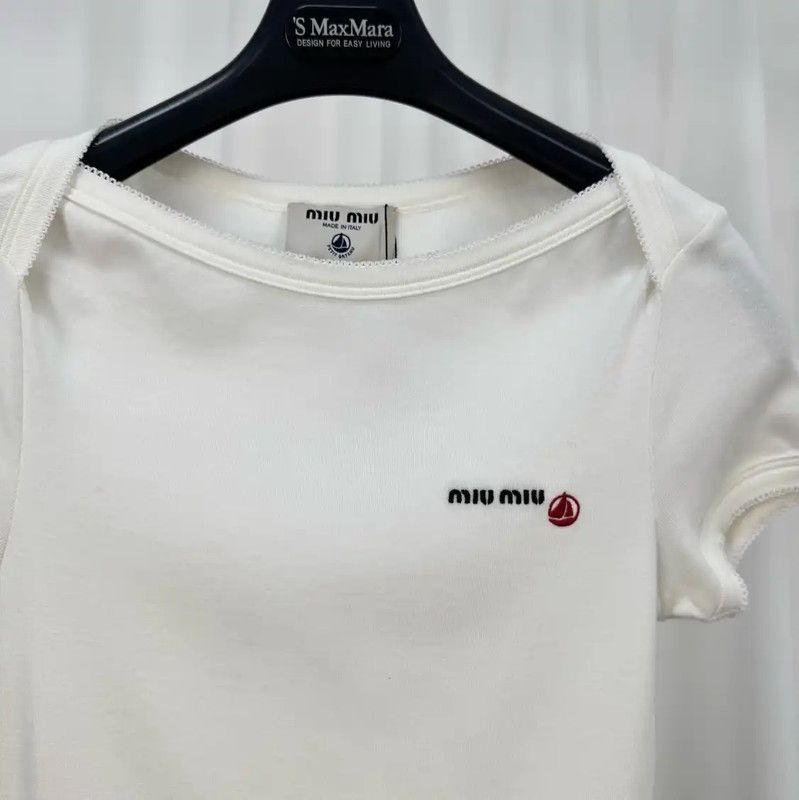 Miu Miu Miu Miu White Cotton Embroidered Logo T-shirt 0089 Size S / US 4 / IT 40 - 3 Thumbnail