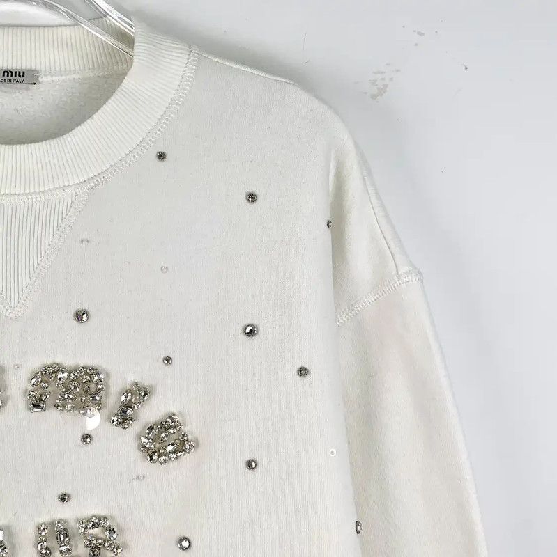 Miu Miu Miu Miu White Cotton Sweatshirt with Crystals 0089 Size XS / US 0-2 / IT 36-38 - 3 Thumbnail