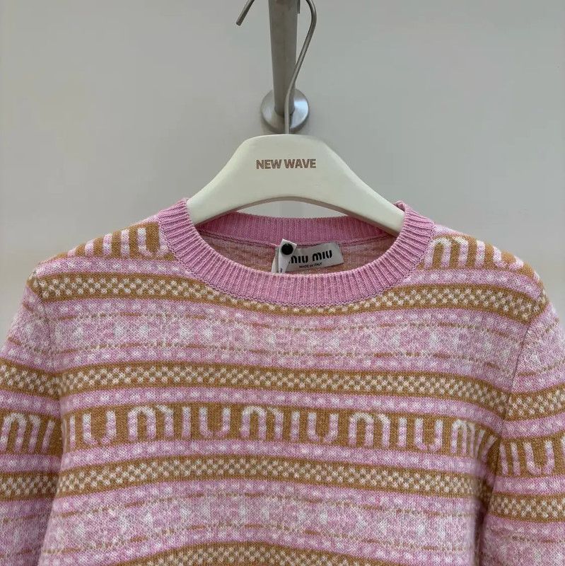 Miu Miu Pink Wool Patterned Long Sleeve Sweater 0089