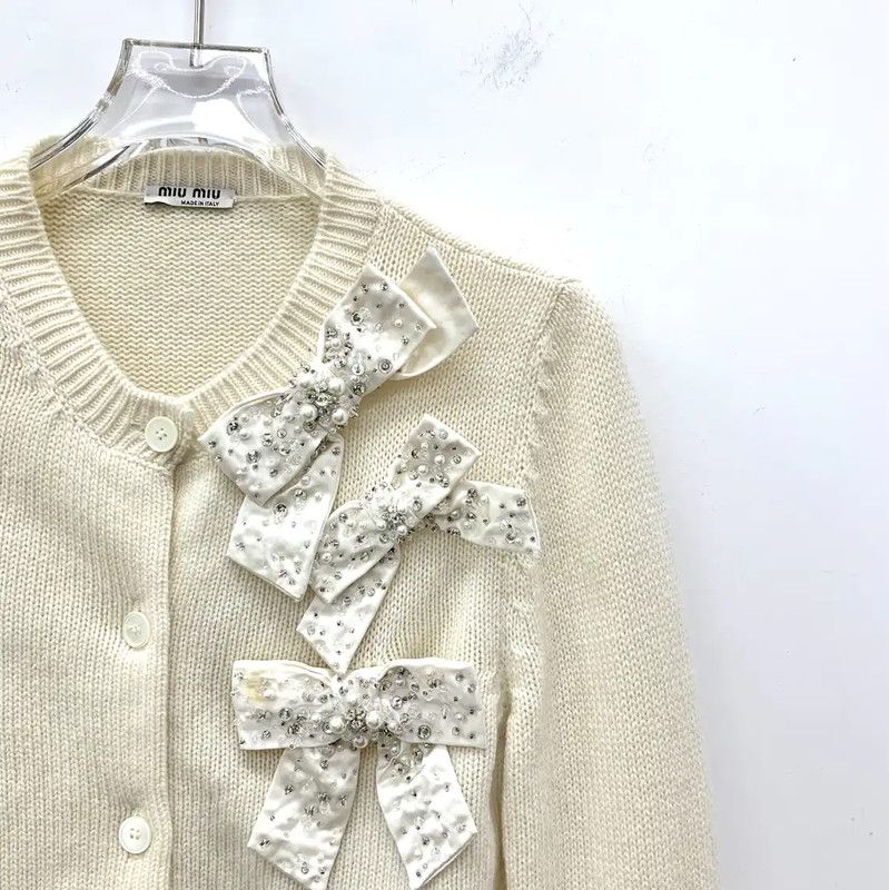 Miu Miu Miu Miu Women's Beige Cashmere Cardigan with Bows 0089 Size XS / US 0-2 / IT 36-38 - 3 Thumbnail