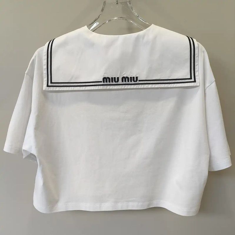 Miu Miu Miu Miu White Cotton Cropped T-Shirt 0089 Size XS / US 0-2 / IT 36-38 - 2 Thumbnail