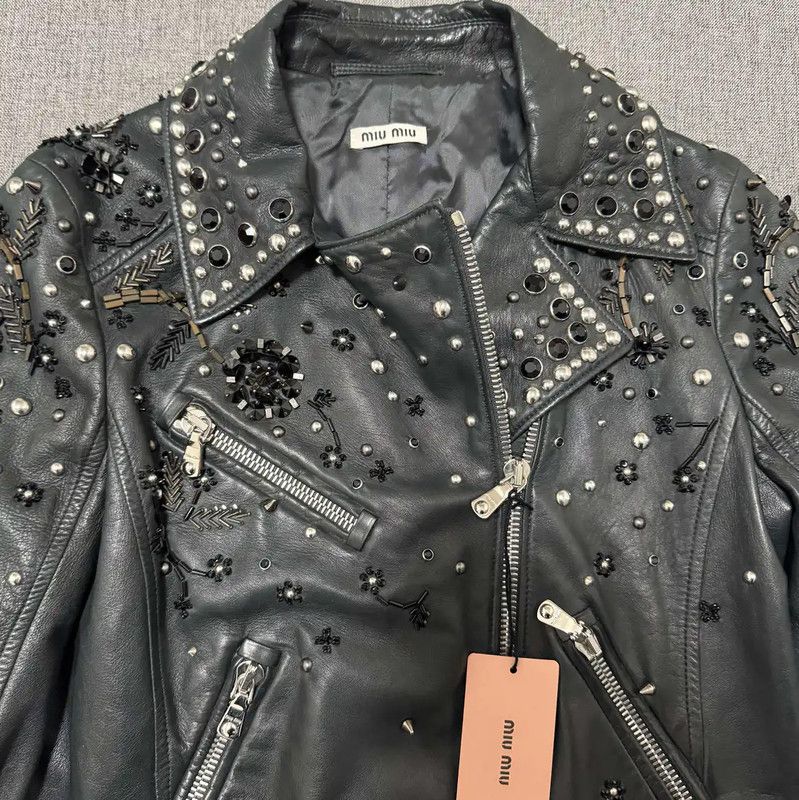 Miu Miu Miu Miu Black Embroidered Leather Jacket 0089 Size M / US 6-8 / IT 42-44 - 3 Thumbnail