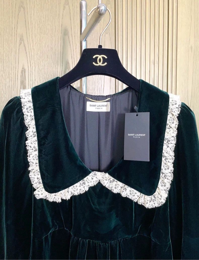 Saint Laurent Paris YSL Emerald Velvet Lace Collar Dress - dmc Size US 38 / EU 54 - 7 Thumbnail