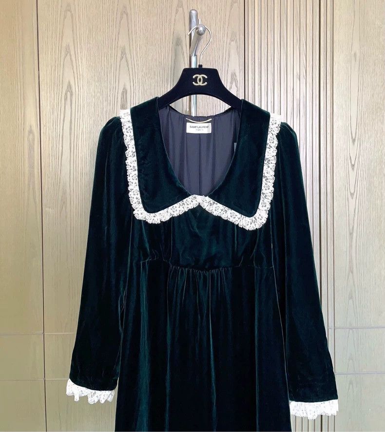 Saint Laurent Paris YSL Emerald Velvet Lace Collar Dress - dmc Size US 38 / EU 54 - 3 Thumbnail
