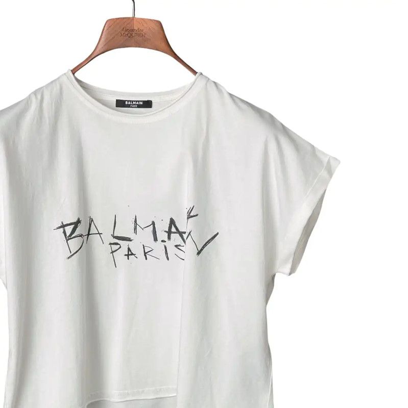 Balmain Balmain White Graphic Short Sleeve Crop T-Shirt 0089 Size L / US 10 / IT 46 - 3 Thumbnail