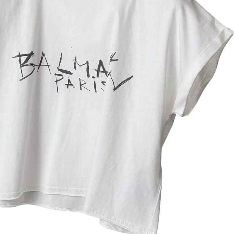 Balmain Balmain White Graphic Short Sleeve Crop T-Shirt 0089 Size L / US 10 / IT 46 - 5 Thumbnail