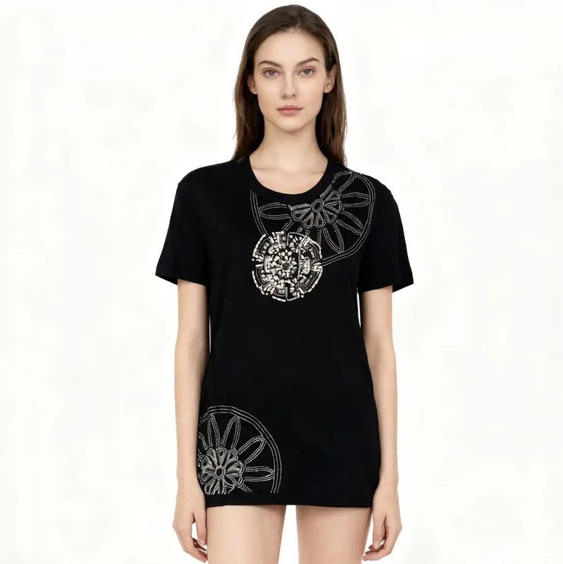 Alexander McQueen Alexander McQueen Black Wool T-shirt with Embellishments 0089 Size M / US 6-8 / IT 42-44 - 3 Thumbnail