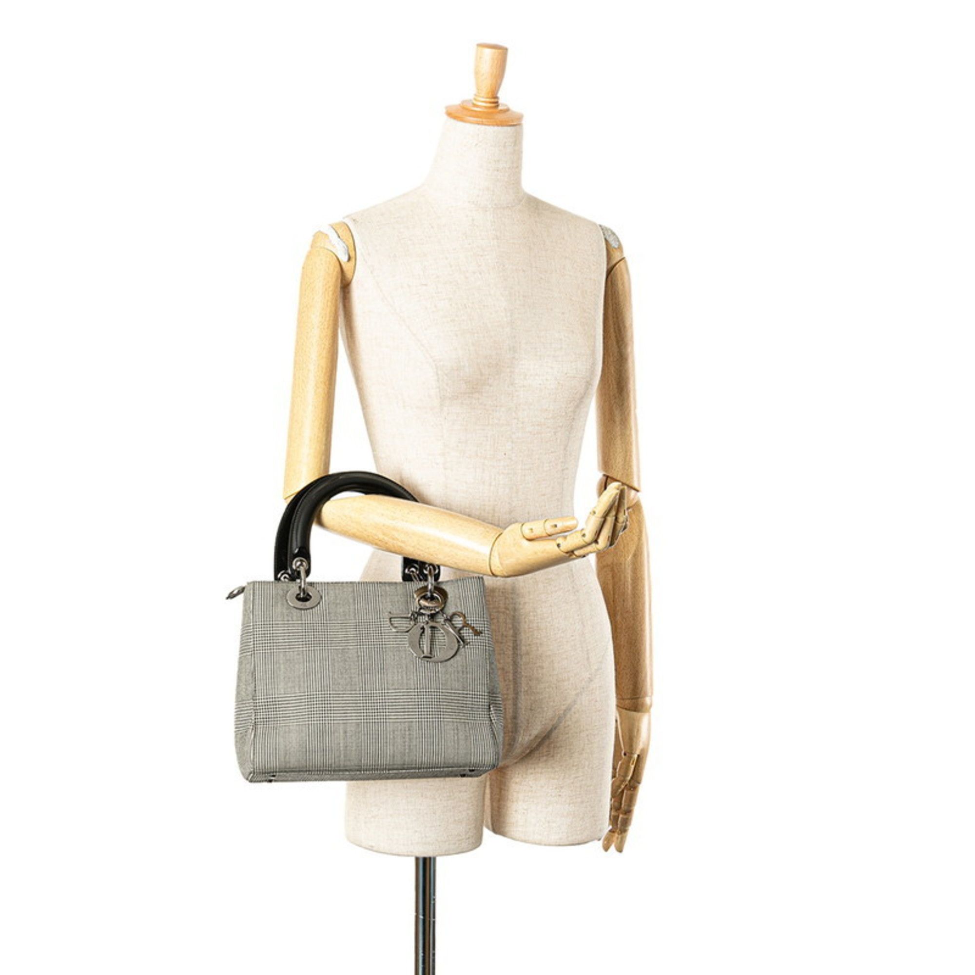 Dior Christian Dior Dior Lady Houndstooth Handbag Black White Canvas Leather Women's Size ONE SIZE - 12 Thumbnail