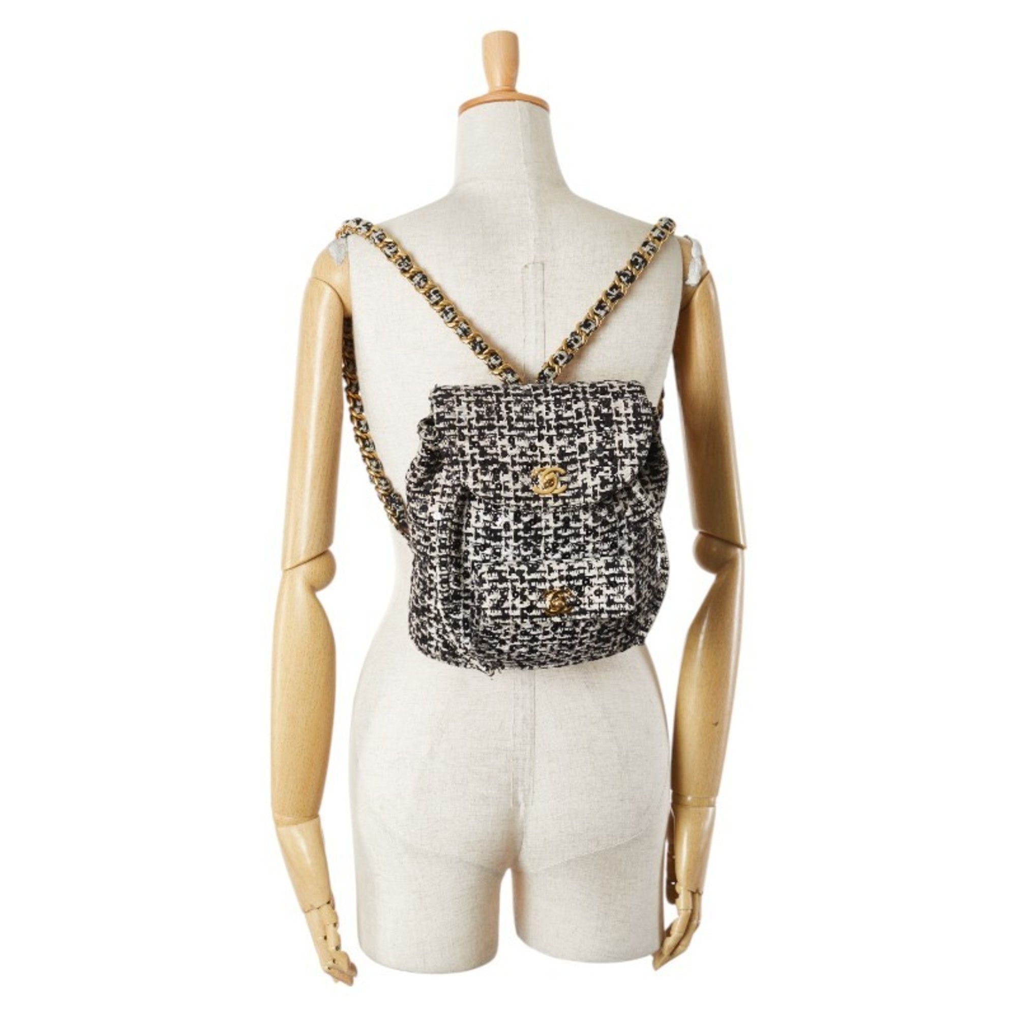 Chanel Chanel Matelasse Coco Mark Gold Hardware Chain Backpack Black White Tweed Sequins Women's CHANEL Size ONE SIZE - 14 Thumbnail