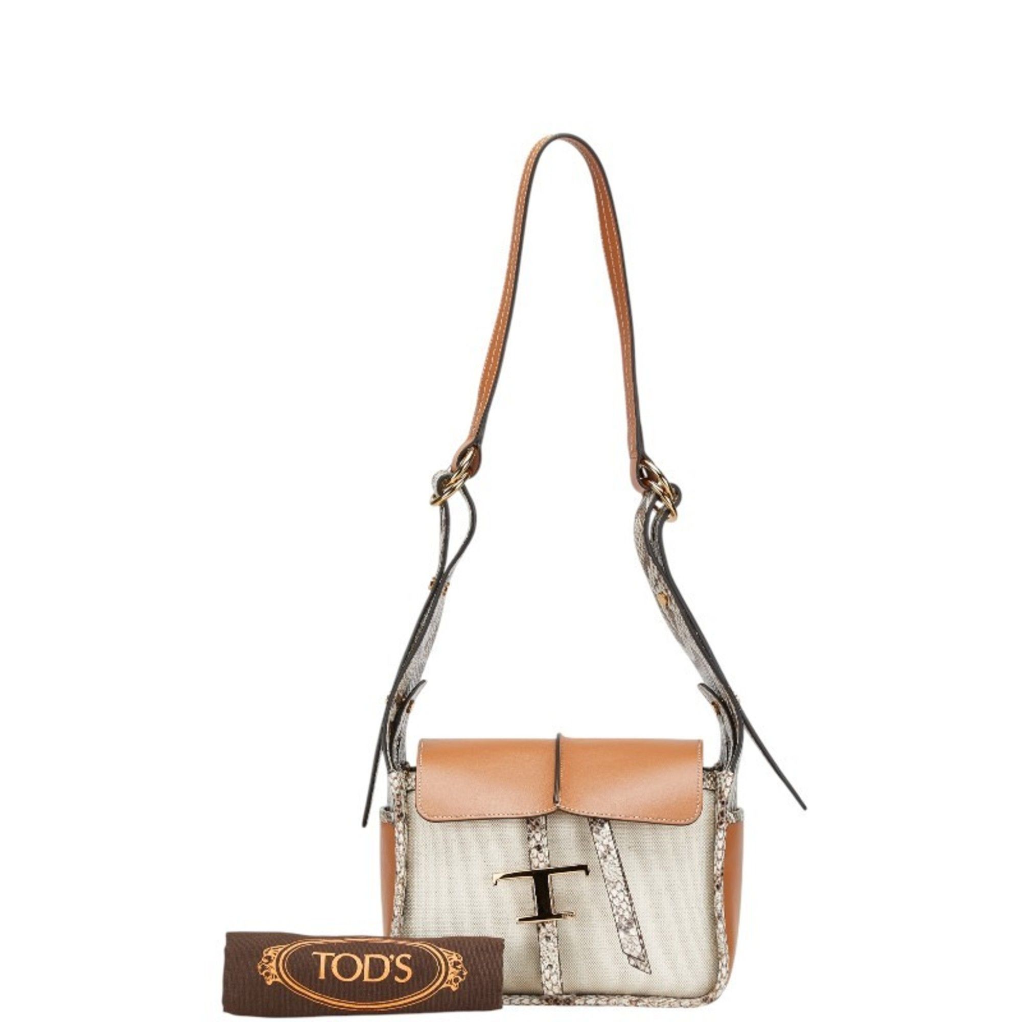 Tod's Tod's T Timeless Python Embossed Shoulder Bag in Ivory and Brown Leather Canvas for Women Size ONE SIZE - 12 Thumbnail