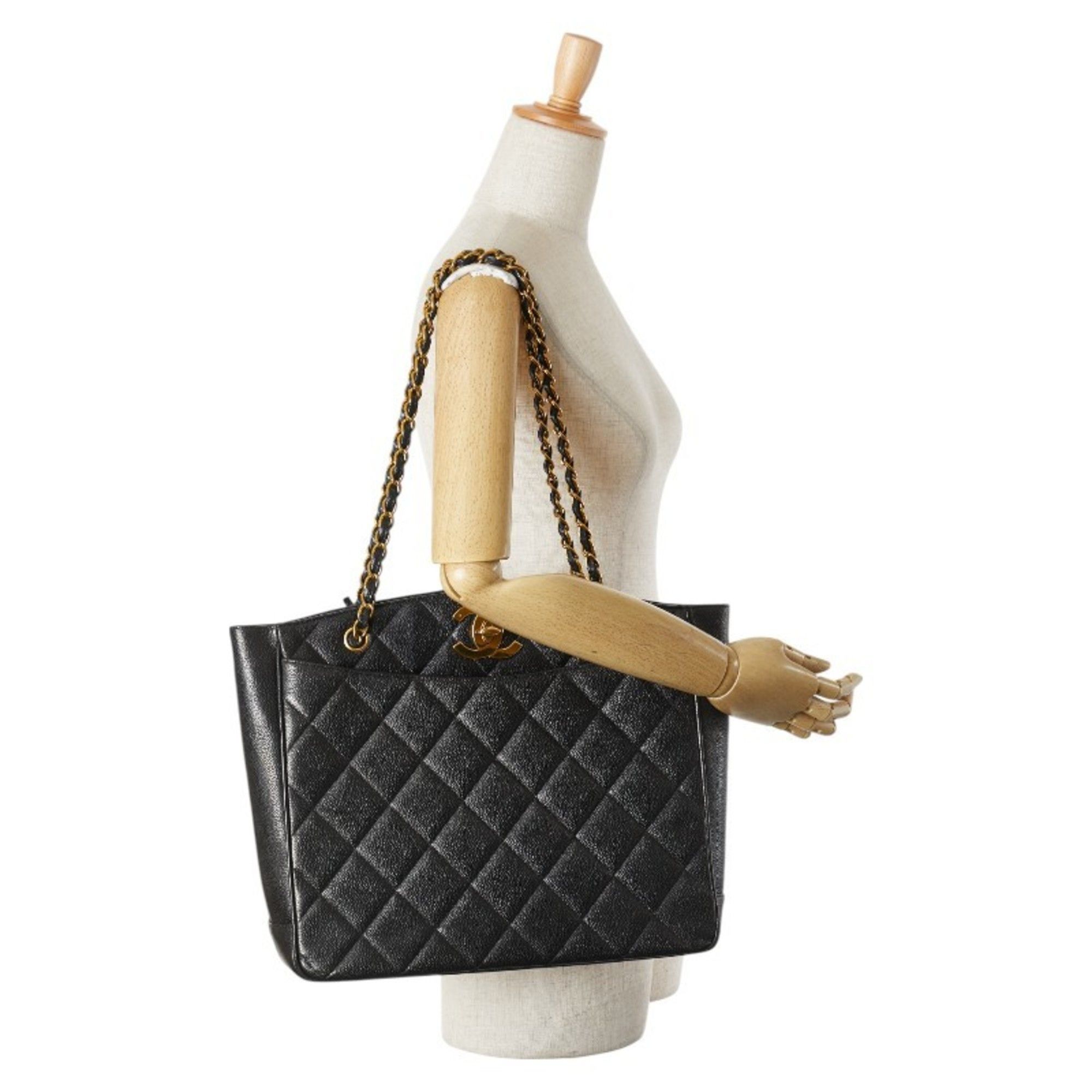 CHANEL Matelasse Coco Mark Chain Tote Bag, One-Shoulder Black Caviar Skin, Women's