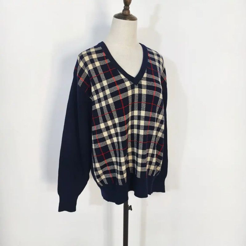 Burberry Burberry Navy Wool Plaid Long Sleeve Knit Sweater Size M / US 6-8 / IT 42-44 - 2 Thumbnail
