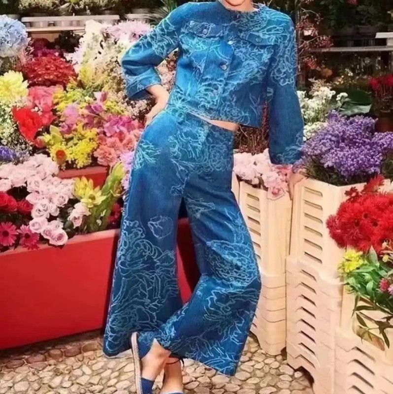 Max Mara MaxMara Blue Floral Denim Pants for Women 0089 Size 28" / US 6 / IT 42 - 6 Thumbnail
