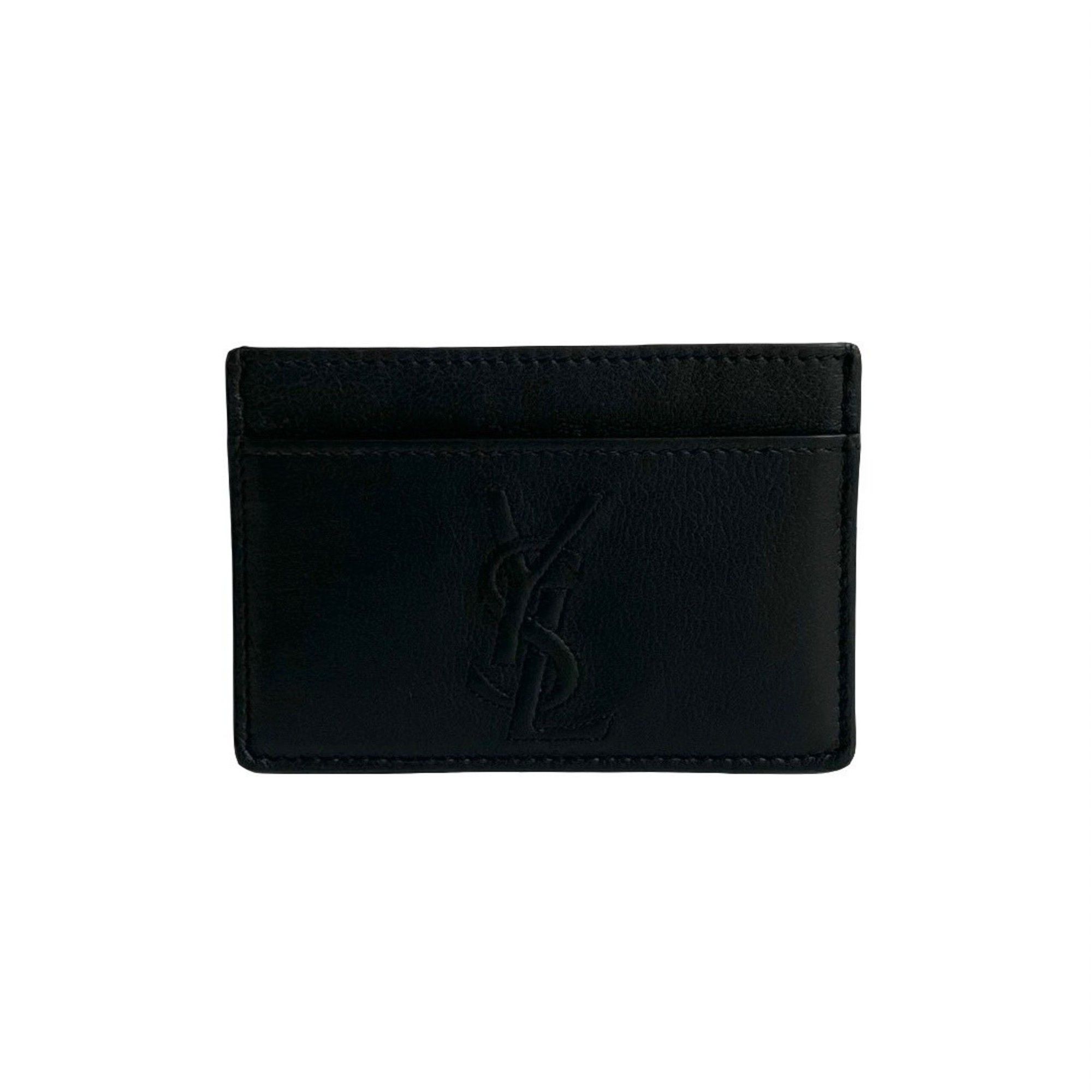 YVES SAINT LAURENT YSL logo stitched leather business card holder, black, 64838