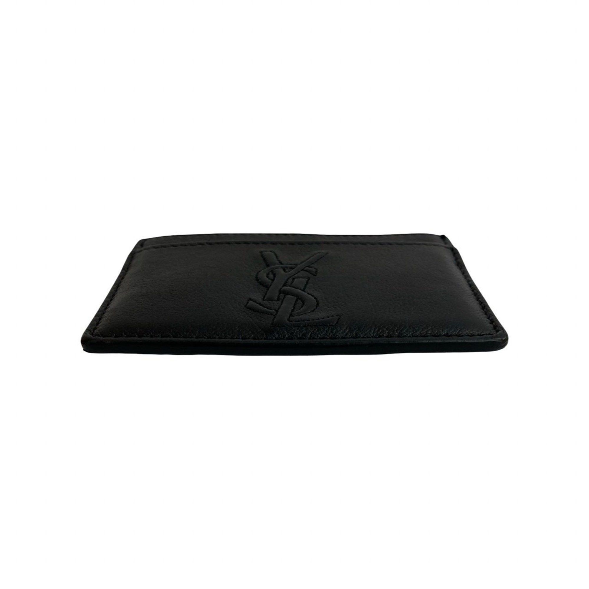 YVES SAINT LAURENT YSL logo stitched leather business card holder, black, 64838