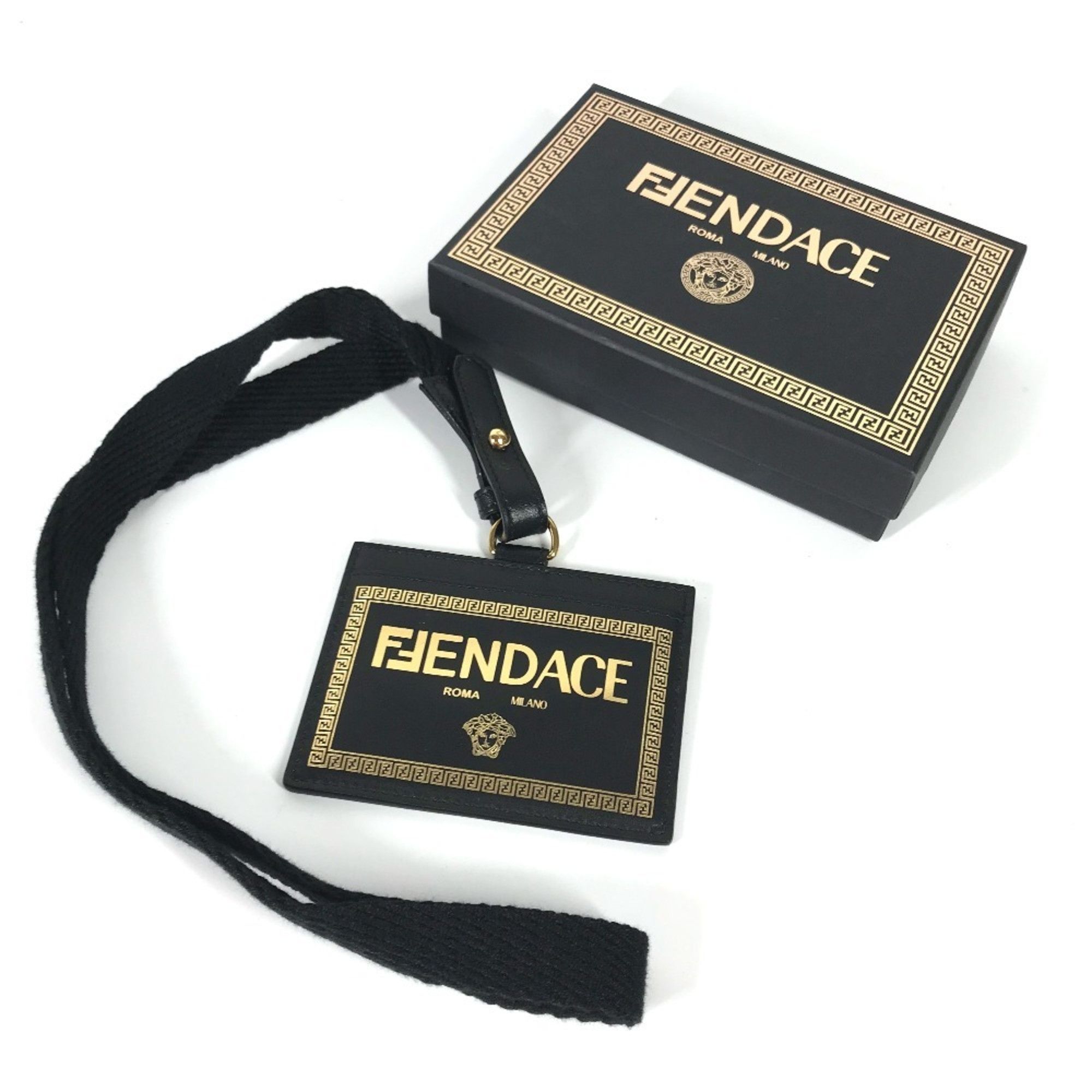 Versace Versace x Fendi collaboration Fendace Medusa ID holder with neck strap, business card case, leather, men's and women's, black, like new Size ONE SIZE - 2 Thumbnail