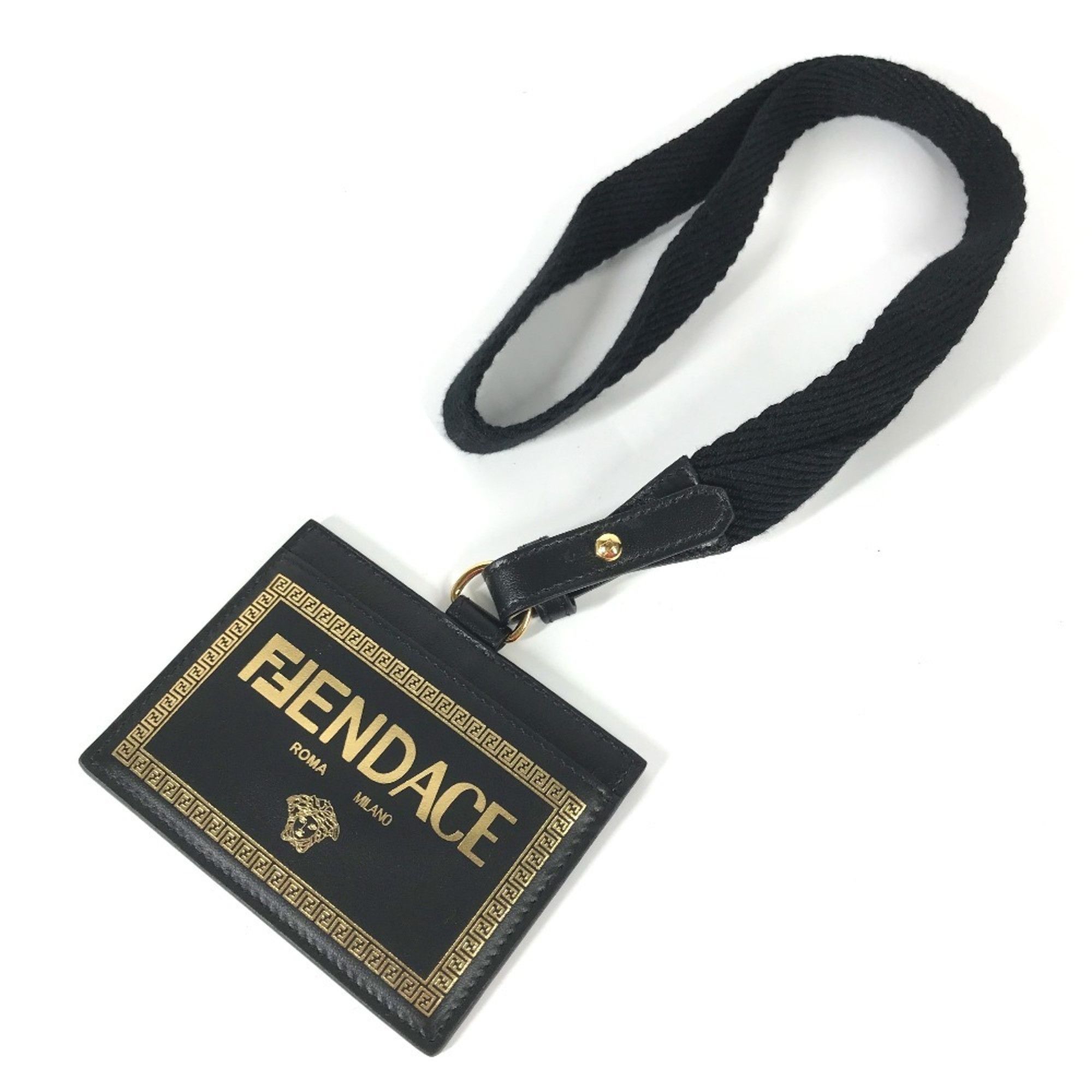 Versace Versace x Fendi collaboration Fendace Medusa ID holder with neck strap, business card case, leather, men's and women's, black, like new Size ONE SIZE - 4 Thumbnail